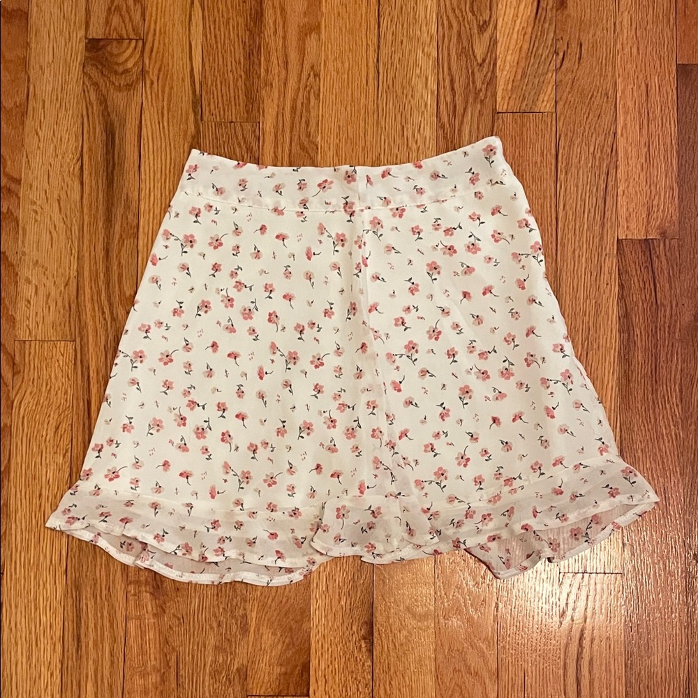 SHEIN White and Pink Floral A-Line Skirt